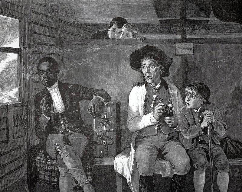 In the railroad compartment, a dark-skinned passenger with a suitcase is watched suspiciously by fellow passengers, 1880, Austria, Three people sitting in a train compartment, with a tense atmosphere and a view out of the window, historical, authentic, digitally restored reproduction of a model from the 19th century, record date not stated