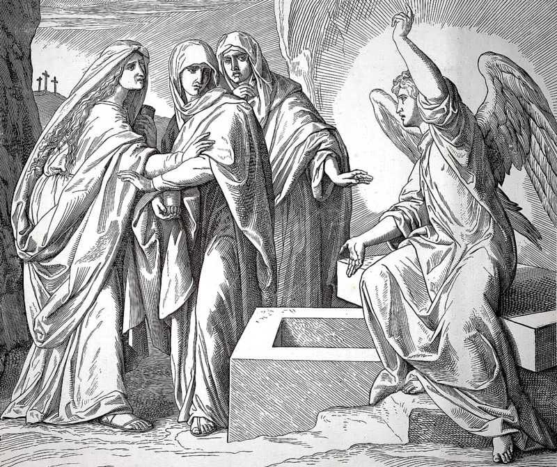 Biblical scene, the three woman at the grave of Jesus, angel proclaims a message of resurrection to woman at the empty grave, historical, authentic, digitally restored reproduction from a 19th-century model, record date not stated