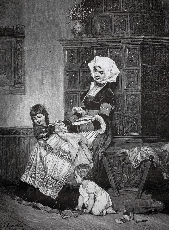 The children play hide and seek and the mother sits at the tiled stove and watches, 1880, Germany, mother with her children in a traditional home, warm family atmosphere, historical, authentic, digitally restored reproduction of a model from the 19th century, record date not stated