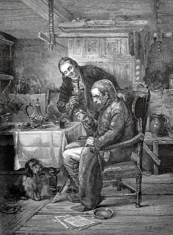 Doctor visits a sick person and prescribes medicine for him, of which he regularly has to take a spoonful, 1880, cozy room with man and woman talking, dog lying next to it, historical, authentic, digitally restored reproduction from a 19th century original, record date not stated