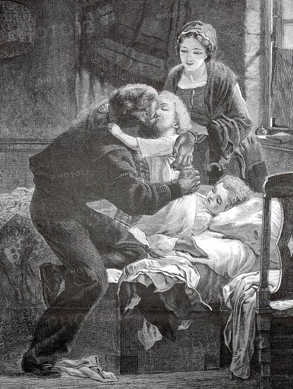 A miner says goodbye to his family in front of he goes to work, 1880, Germany, A loving moment between parents and children in a cozy room, historic, authentic, digitally restored reproduction from a 19th-century model, Record date not stated