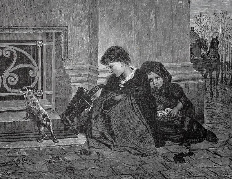 Two children, beggars, sitting on the street at a corner of a house, 1880, England, Two children sitting at a wall in winter, watching a cat, their clothes showing signs of poverty, historical, authentic, digitally restored reproduction of a 19th-century original, record date not stated