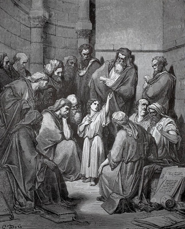 The 12-year-old Jesus in the temple, children and adults gather around a teacher in an ancient room and listen carefully, historically, authentically, digitally restored reproduction of a 19th-century model, record date not stated