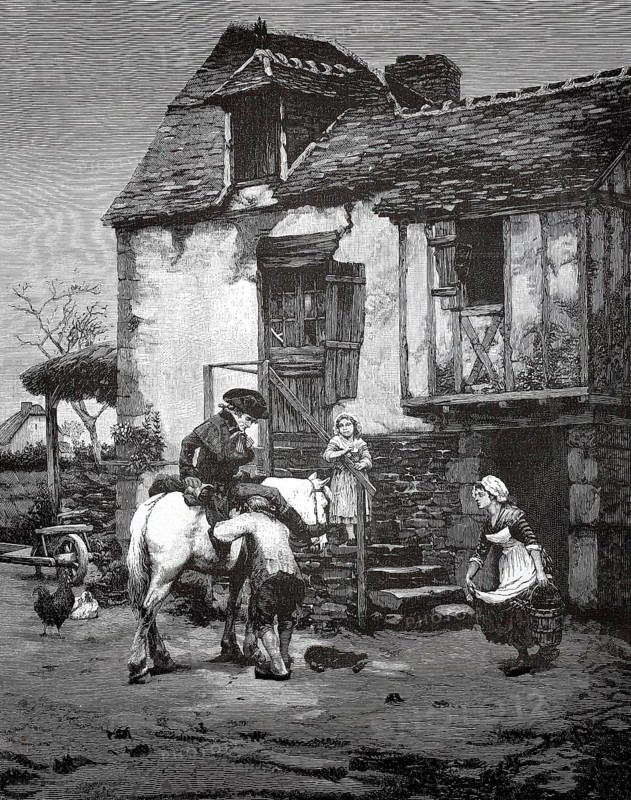 At a post office, the stable servant repairs a saddle strap from a rider, 1880, France, A farmer climbs on a horse in front of an old, rural house, observed by his family, historical, authentic, digitally restored reproduction of a 19th-century original, record date not stated