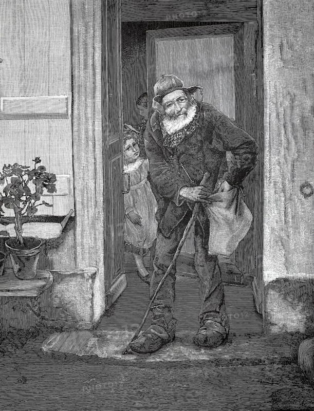 Old man, beggar, standing by a door and wrapping his alms in the bag, 1880, Holland, An elderly man leaning on a stick while a child looks curiously out the door of a house, historical, authentic, digitally restored reproduction from a 19th-century original, record date not stated