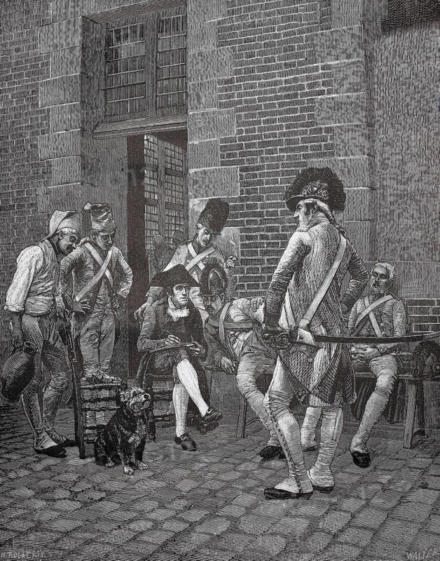 The sergeant of the military escort is portrayed by an illustrator, 1880, France, soldiers in uniforms guarding a prisoner in a courtyard next to a historic building, historical, authentic, digitally restored reproduction from a 19th-century model, record date not stated