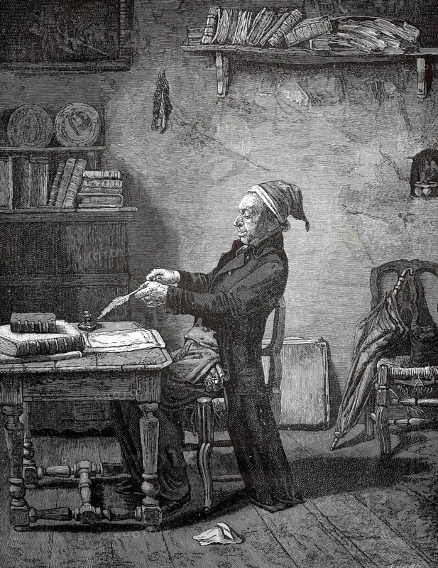 The village clerk at his desk, a community official who took on a central role at a time when many people could neither read nor write, around 1880, elderly man in nightgown writes concentrated in an old-fashioned parlour, historical, authentic, digitally restored reproduction of a 19th-century original, record date not stated