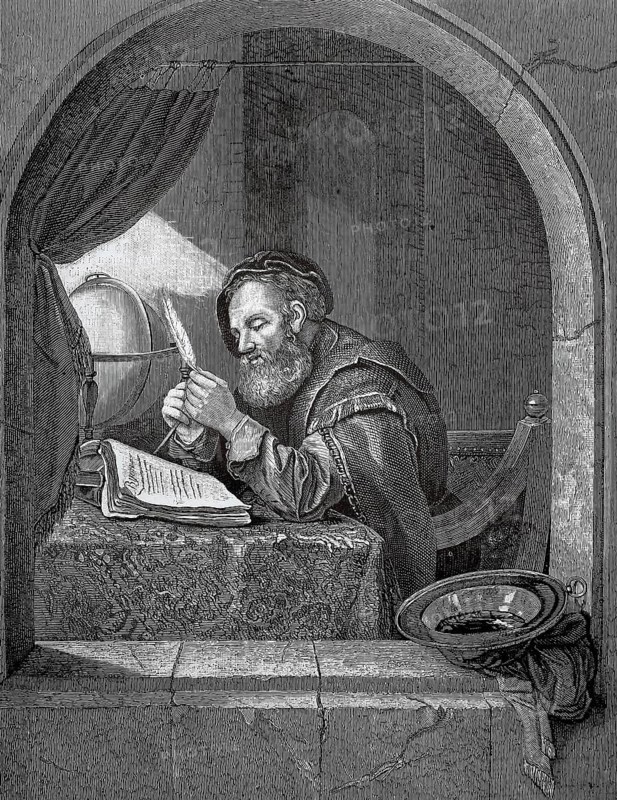 A scholar at his work desk in the 17th century, medieval man reading concentrated by lamplight at a window, historical, authentic, digitally restored reproduction from a 19th-century model, Record date not stated