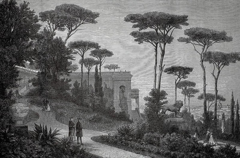Monte Pincio, one of the most famous viewpoints in Rome, 1880, Italy, people walking in a landscaped park with impressive historic architecture, historic, authentic, digitally restored reproduction from a 19th century model, record date not stated