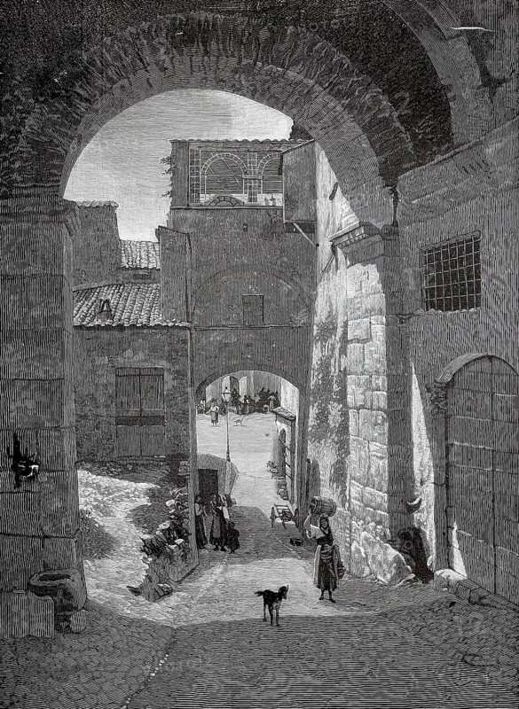 Street scene in Narni in Umbria, around 1880, Italy, stone arch leading into a lively oriental alley with people and dogs, historic, authentic, digitally restored reproduction from a 19th-century model, record date not stated