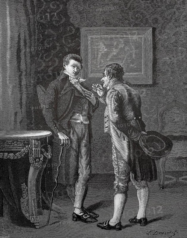 Two men from the time of the French Revolution engaged in conversation, France, Two men in formal dress talk in an elegantly furnished, historic, authentic, digitally restored reproduction from a 19th-century original, Record date not stated