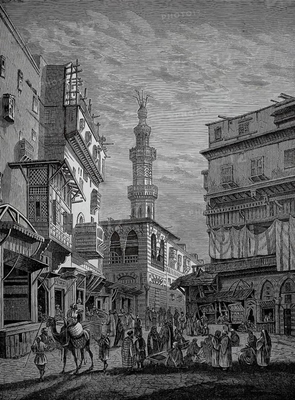 Street scene in Cairo around 1880, Egypt, oriental street scene with towers, lively market and historic buildings, historic, authentic, digitally restored reproduction from a 19th-century model, record date not stated