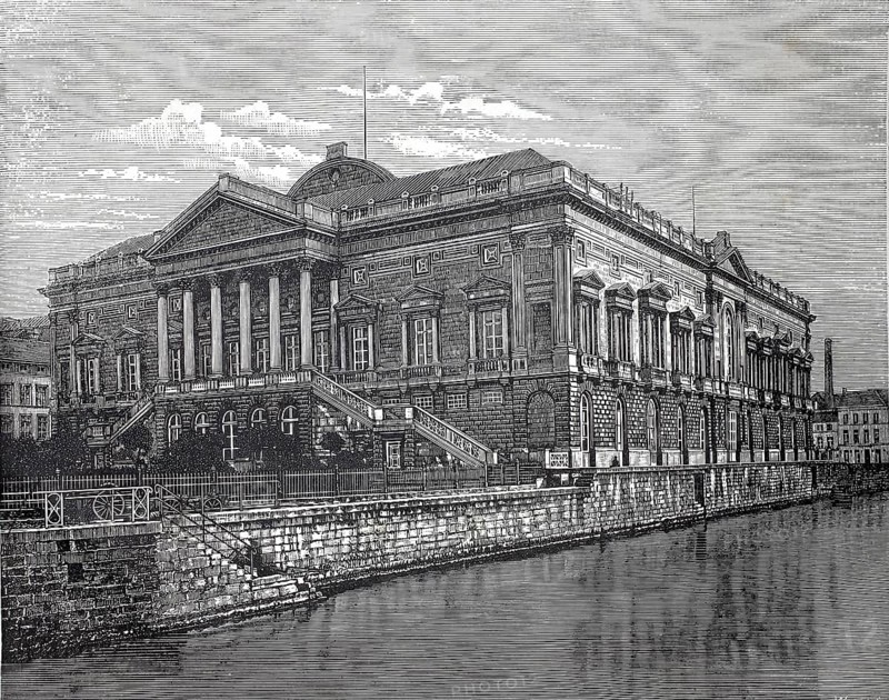 The Palace of Justice in Ghent in 1880, Belgium, An impressive classical building stands majestically on a river in an urban setting, historic, authentic, digitally restored reproduction from a 19th-century model, Record date not stated