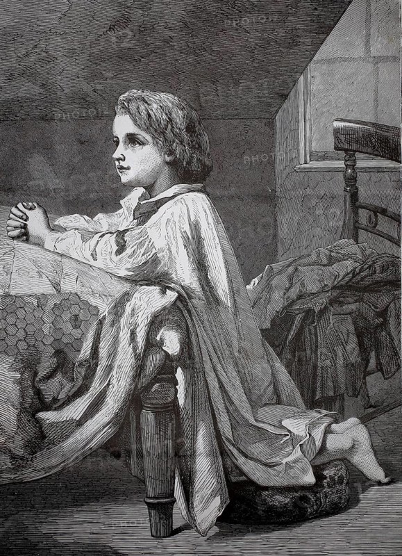 Child kneeling at bed for evening prayer, 1880, Germany, A child kneels in a nightgown praying at his bed, in a room flooded with light, historical, authentic, digitally restored reproduction of a model from the 19th century, Record date not stated