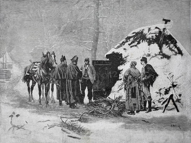 Poacher is interrogated by gendarmes, 1880, Austria, men talking next to horses and a snow-covered pile of wood in a wintery scene, historical, authentic, digitally restored reproduction from a 19th-century original, record date not stated