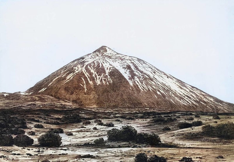 The Pico del Teide is the highest elevation on the Canary Island of Tenerife and the highest mountain in Spain, authentic reproduction of a school mural, historic, around 1900