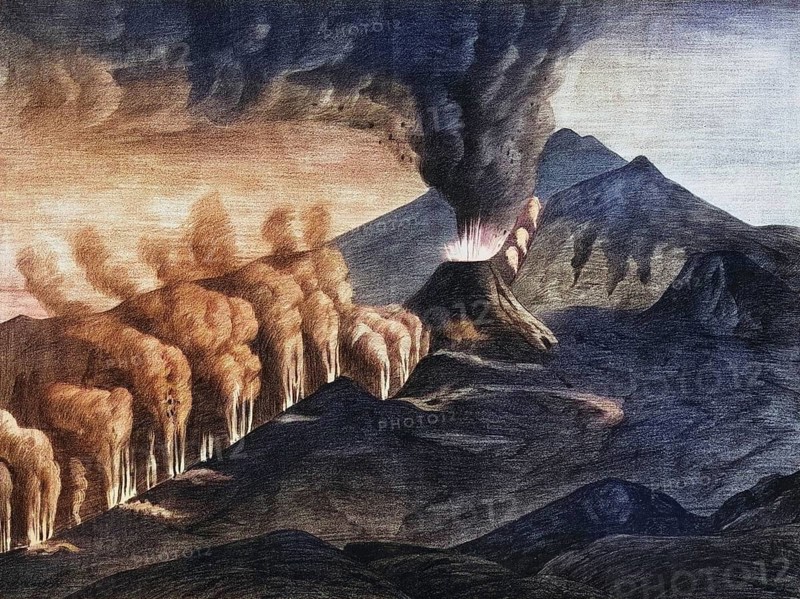 Eruption of Etna on August 29, 1874. Crevice formation and lateral cone, Sicily, Italy, authentic reproduction of a school mural, historical, around 1900