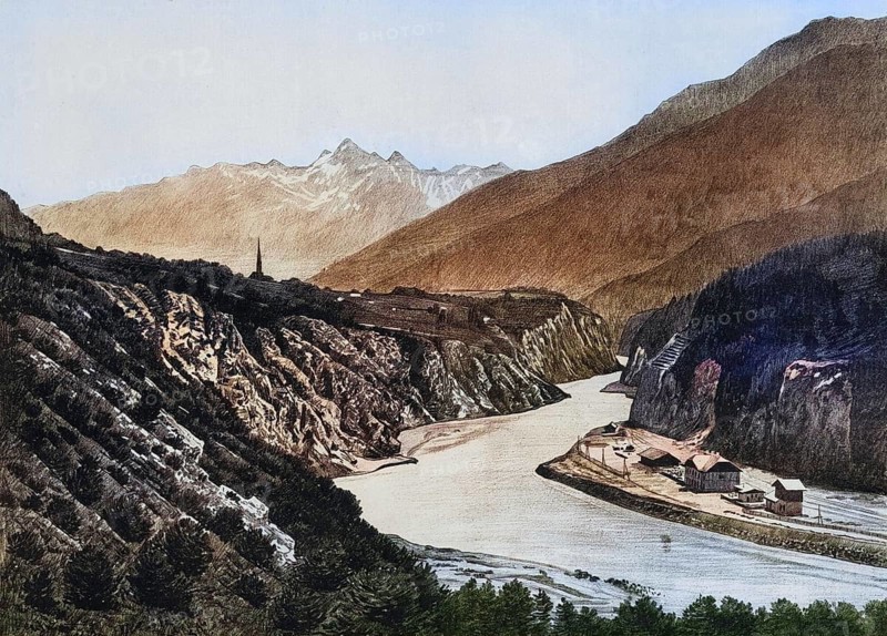 Breakthrough of the Inn through the limestone mountains near Imst in Tyrol, Austria, authentic reproduction of a school mural, historic, around 1900