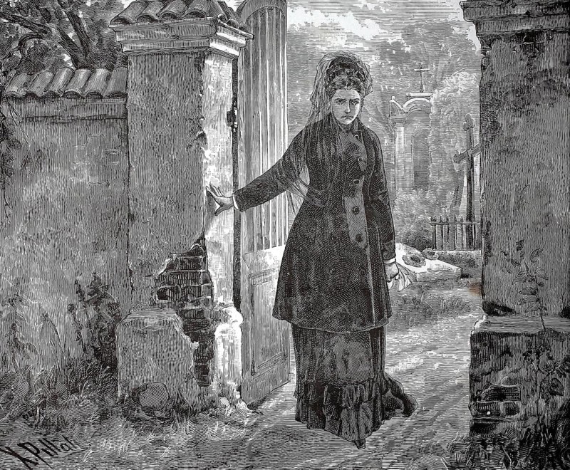 Widow in the cemetery on All Souls' Day, mourning, 1880, Germany, A woman in a cloak stands at an old gate, the scene appears tense and abandoned, historical, authentic, digitally restored reproduction from a 19th-century model, record date not stated