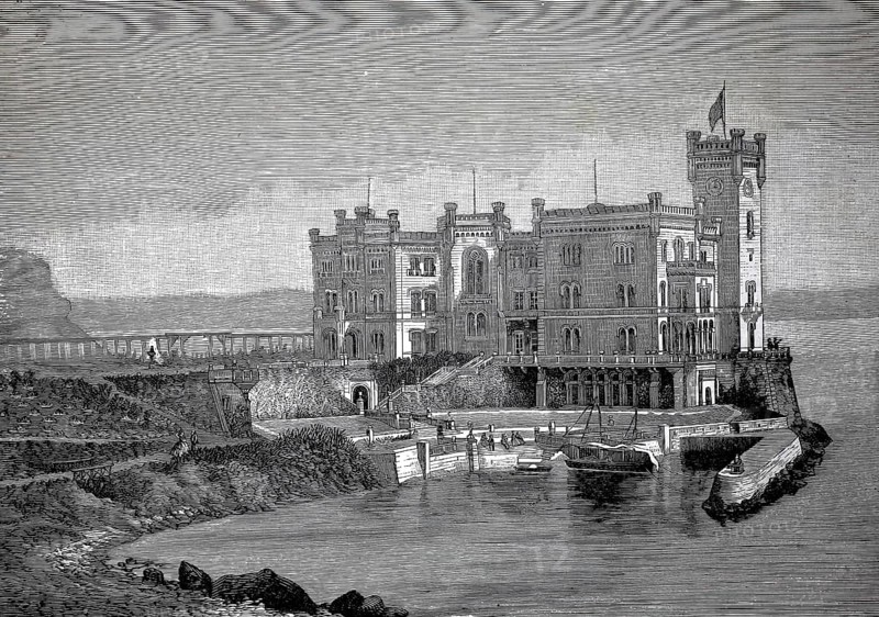 Miramare Castle, Castello di Miramare, near Trieste, directly on a rocky cliff on the Adriatic Sea in 1880, Italy, A majestic castle perched on the water, impressed by its historic architecture, historic, authentic, digitally restored reproduction from a 19th century original, record date not stated