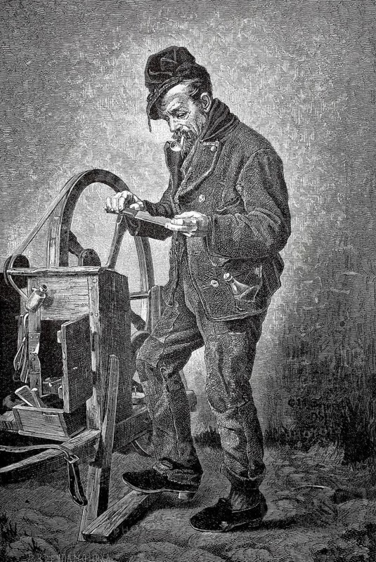 Old man with pipe as a craftsman, scissor grinder at work, 1880, Germany, A man concentrates on a craft tool in a detailed presentation, historical, authentic, digitally restored reproduction of a model from the 19th century, record date not stated