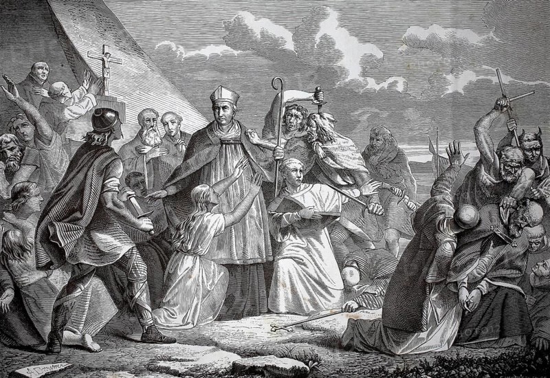 The martyrdom of Saint Boniface, the Apostle of the Germans, on 5 June 754 in Dokkum (Friesland), when he was slain by pagans during a missionary journey, A bishop interacts with believers in a dramatic religious scene in front of a landscape, Historical, authentic, digitally restored reproduction from a 19th century original, Record date not stated