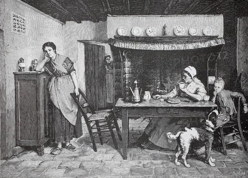 Domestic quarrel in the family, annoyance, 1880, Germany, A rural family scene in the dining room with a dog while someone is standing by the fireplace and the table is set, historical, authentic, digitally restored reproduction from a 19th-century model, Record date not stated