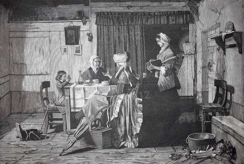 Visiting girlfriends on Sunday morning, 1880, Holland, A family gathers in a rustic dining room, the painting impresses with its detailed woodwork, historical, authentic, digitally restored reproduction from a 19th century model, record date not stated
