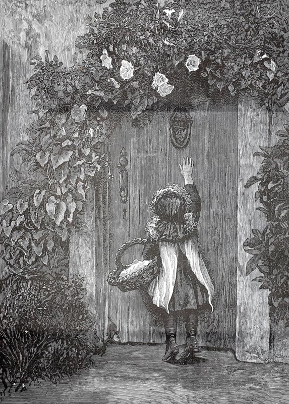 Little girl with a basket stands at the front door and doesn't come to the knocker, a little girl who stands on tiptoes to get a door knocker, 1880, Germany, historical, authentic, digitally restored reproduction from a 19th-century original, record date not stated