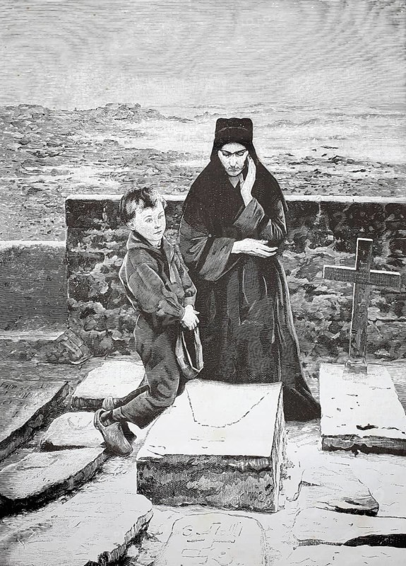 In the cemetery, widow and her son pray at the grave of the deceased father, 1880, A woman and a child stand at a tombstone in a cemetery surrounded by melancholy atmosphere, historical, authentic, digitally restored reproduction from a 19th-century model, Record date not stated