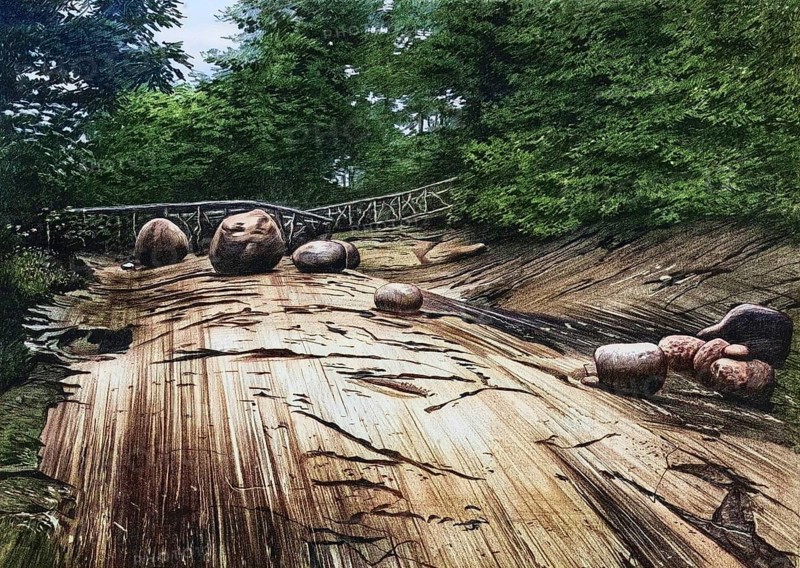 Rock surface scrambled and cut by the ice of the diluvial period in the glacier garden in Lucerne, Switzerland, authentic reproduction of a school mural, historic, around 1900