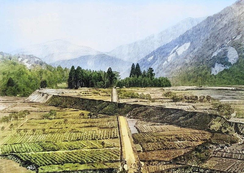Fault at Midori in Central Japan caused by the great earthquake of 1891, Japan, authentic reproduction of a school mural, historic, around 1900