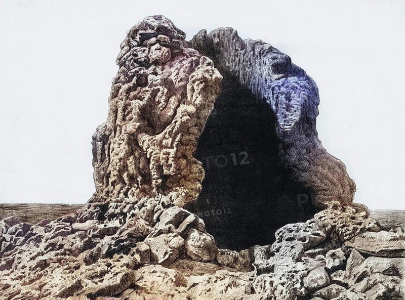 Cinder cone, Hornito, at the east foot of Montana del Fuego in Lanzarote, Canary Islands, Spain, authentic reproduction of a school mural, historic, around 1900