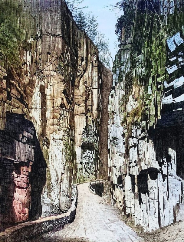 Porphyry landscape in the Eggenthal Gorge, Bletterbach Gorge, near Bolzano, South Tyrol, Italy, authentic reproduction of a school mural, historic, around 1900