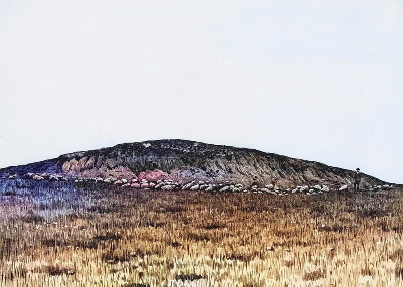 The Glambeck terminal moraine, example of a massive glacial embankment of rock, glacier remains that mark the maximum advance of the Pomeranian glaciation and, as part of the glacial series, created a fascinating landscape with kames, osers and primeval valleys that shape the Ice Age Land Geopark on the Oder edge, Mecklenburg-Western Pomerania, Germany, authentic reproduction of a school wall painting, historical, around 1900