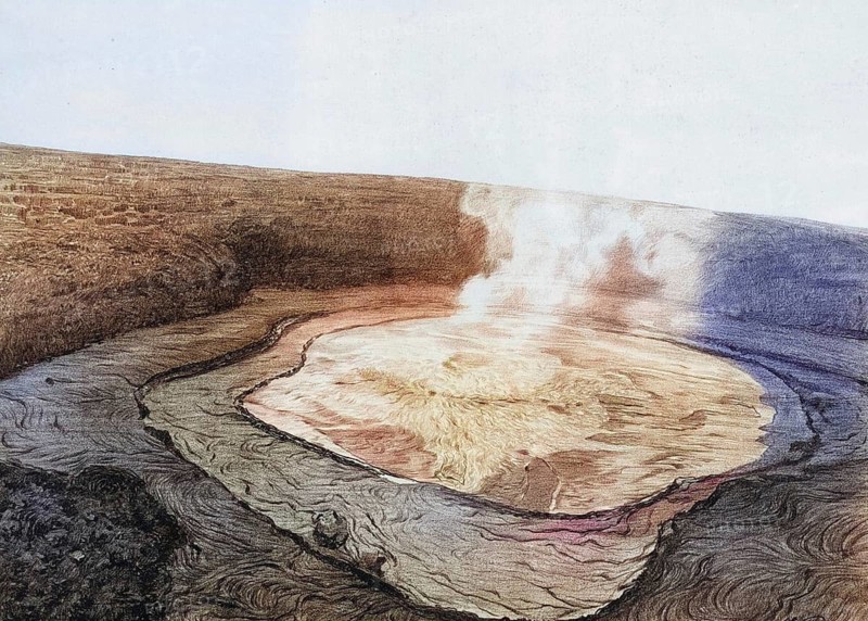 Lake of Fire, in Hawaii, Halema?uma?u crater in the Kilauea volcano on Big Island, where active lava lakes have been forming for a long time, 1893, America, authentic reproduction of a school mural, historic, around 1900