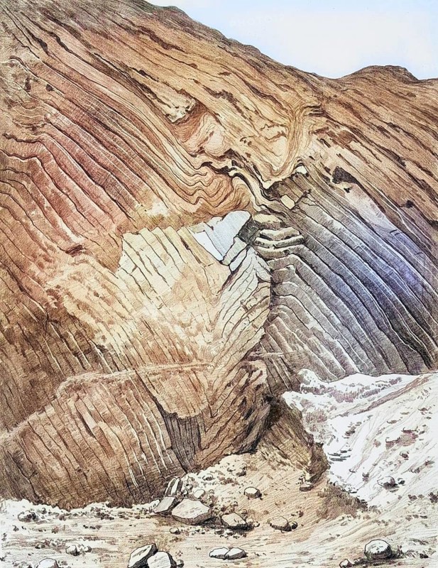 Glacial signs of congestion and folding in the diluvium of Petersburg near Kiel, Schleswig-Holstein, Germany, authentic reproduction of a school mural, historical, around 1900
