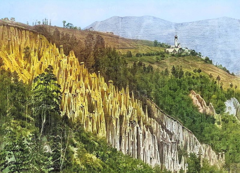 Earth pyramids on Ritten near Bolzano, South Tyrol, Italy, authentic reproduction of a school mural, historic, around 1900