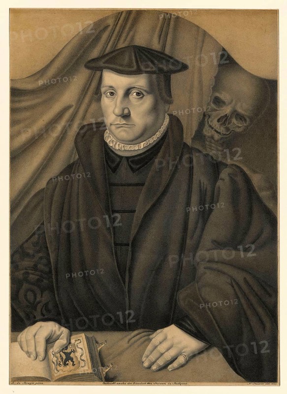 Portrait of a man with a skeleton behind him, a scholar behind whom death lurks, historical, authentic, digitally restored reproduction from a 19th-century model, Record date not stated