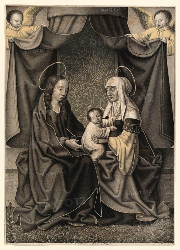 This motif shows Saint Anna, the grandmother Jesus, her daughter Mary and the baby Jesus together in a group, people from the biblical story, historical, authentic, digitally restored reproduction from a model from the 19th century, Record date not stated