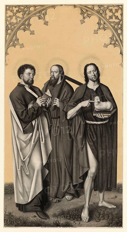 Saints Bartholomew, Thomas and John the Baptist or John the Evangelist, Apostle of Biblical History, Historical, Authentic, Digitally Restored Reproduction from a 19th century Original, Record Date Not Stated