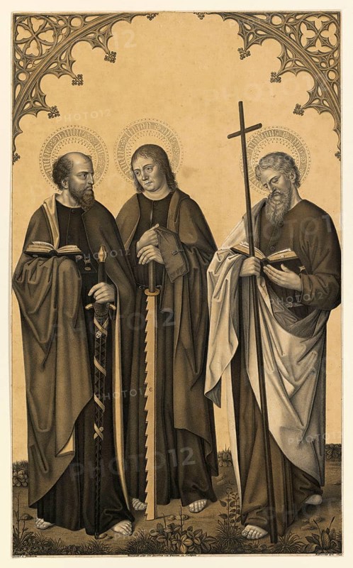 Saint Paul, Saint Paul, known as the Apostle of the Nations with Saint Simon, Simon Zelotes, one of the twelve apostles of Jesus and Saint Philip, Saint Philip, also one of the twelve apostles, people of the biblical story, historical, authentic, digitally restored reproduction from a 19th-century original, record date not stated