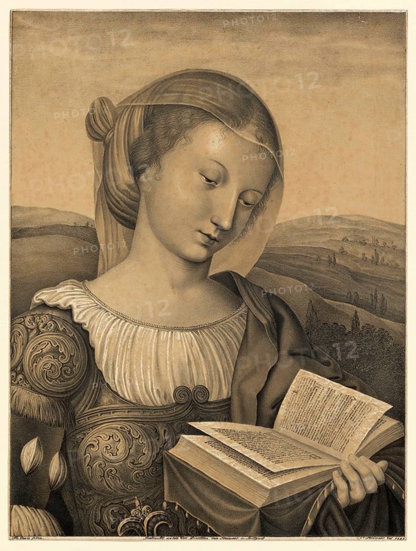 Catherine of Alexandria, also Catherine of Alexandria, is one of the most famous saints. She is venerated as a martyr in the Catholic and Orthodox Churches and is one of the so-called Virgines Capitales, the four great holy virgins, here with a book, People from the Biblical Story, Historical, Authentic, Digitally Restored Reproduction from a 19th century Original, Record Date Not Stated