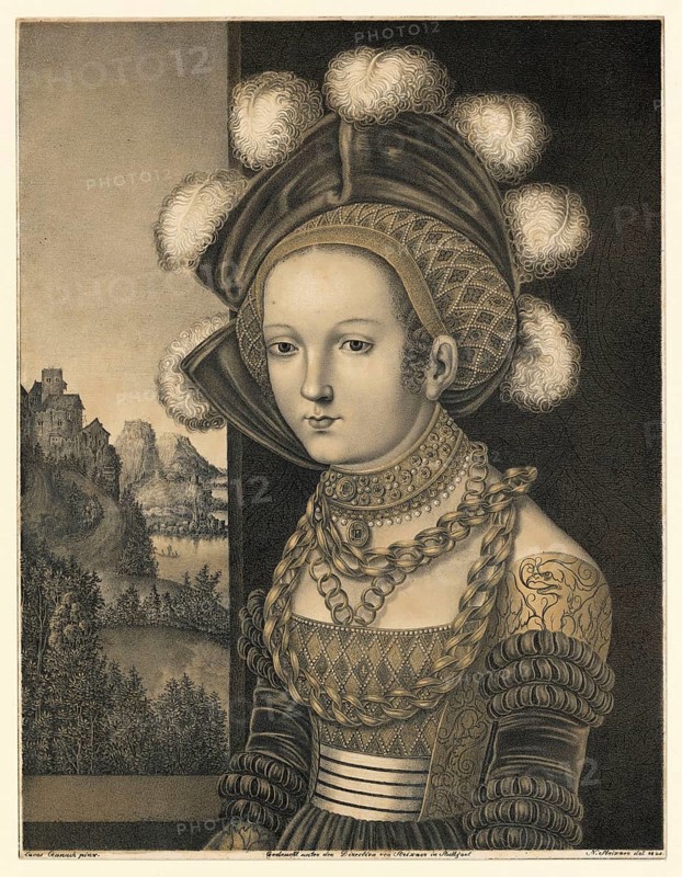 Portrait of a young woman wearing an elaborate gold brocade dress and a hat with feathers. It is adorned with several gold necklaces and a necklace. Based on a painting by Lucas Cranach the Elder, historical, authentic, digitally restored reproduction from a 19th-century model, record date not stated