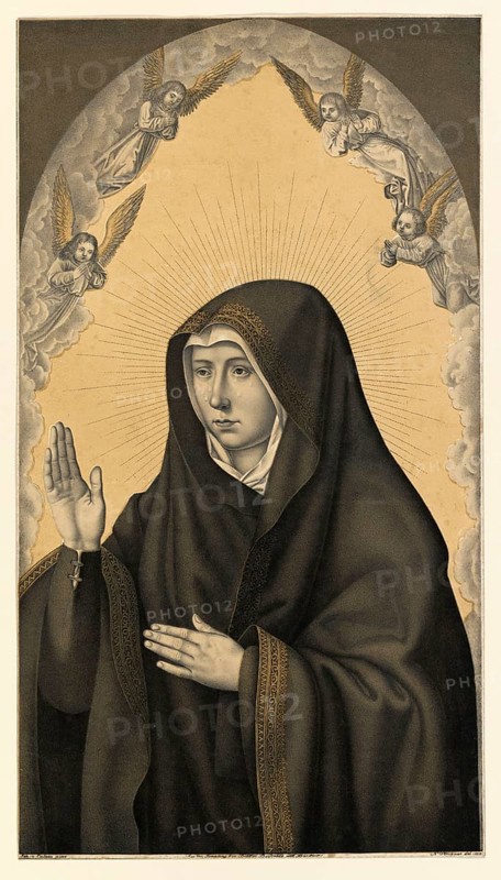 Mary as Mother of Sorrows, Mater Dolorosa, a central motif in Catholic theology, piety and art that emphasizes Mary's deep compassion for the suffering and death of her son Jesus Christ, people of biblical history, historical, authentic, digitally restored reproduction from a 19th-century model, record date not stated