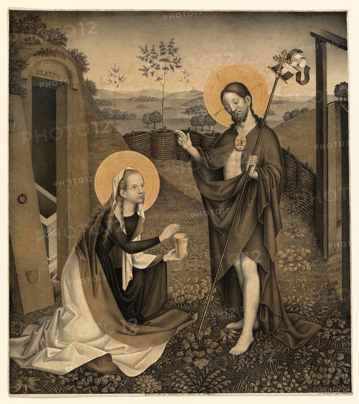 Jesus Christ and Mary Magdalene in an enclosed garden, people from the biblical story, historical, authentic, digitally restored reproduction from a 19th-century model, record date not stated