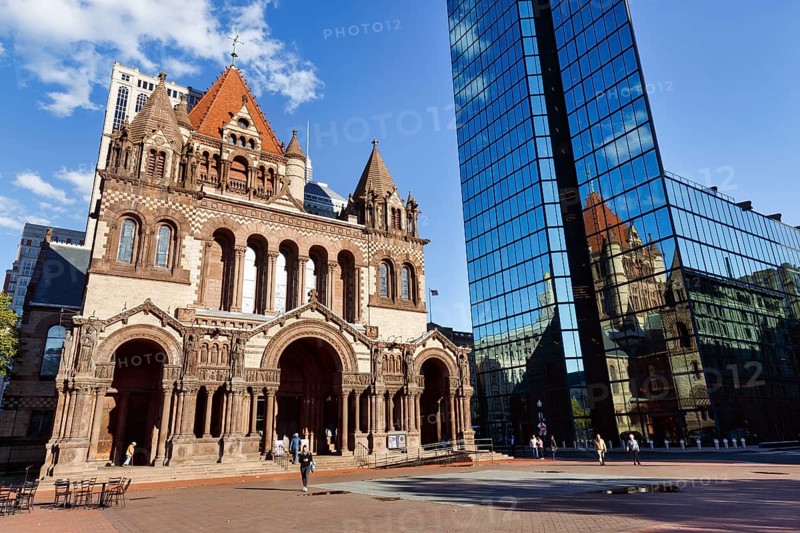 Trinity Church and John Hancock Tower, various architectural styles at Copley Square, passers-by, Back Bay, Boston, Massachusetts, New England, USA