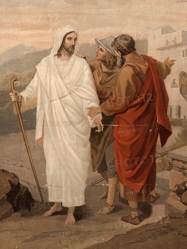 Scene from the biblical story, walk to Emmaus, central biblical story that describes how two disciples of Jesus are on their way to Emmaus after his crucifixion, encounter Jesus but only recognize him when he breaks bread, authentic reproduction of a school mural, historical, around 1900, Jesus walks with disciples in a peaceful landscape, evolving a significant conversation