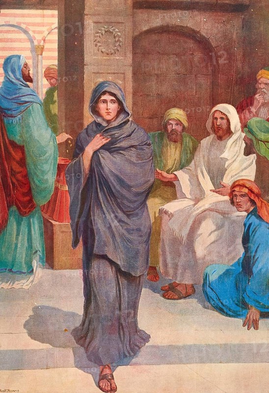 Scene from the biblical story, the sacrifice of the widow, a well-known biblical story about a poor widow who gives the best despite her poverty, authentic reproduction of a school mural, historical, around 1900, a woman is at the center of an ancient meeting, intensive and thoughtful scenario