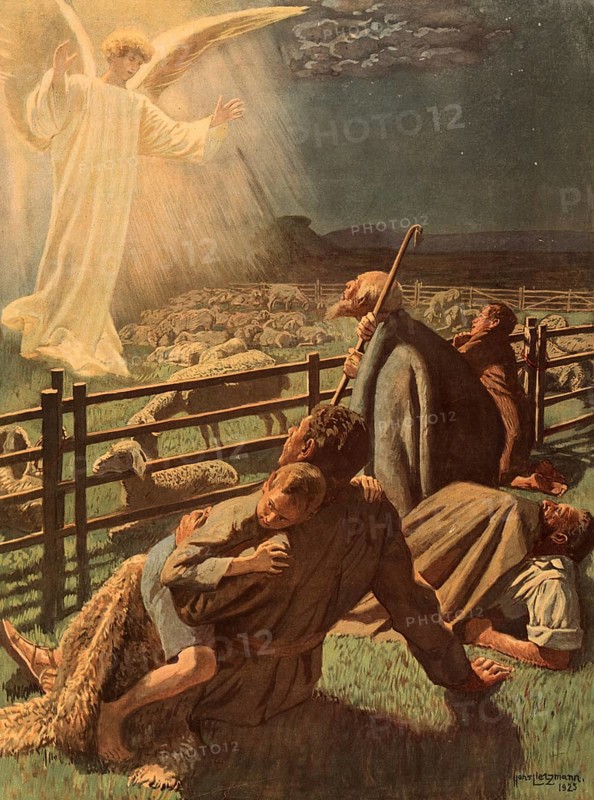 Scene from the biblical story, The Annunciation to the Shepherds is a central part of the Christmas story in the Gospel of Luke, authentic reproduction of a school mural, historical, around 1900, A radiant angel appears in front of shepherds in the Night's Watch and announces a message